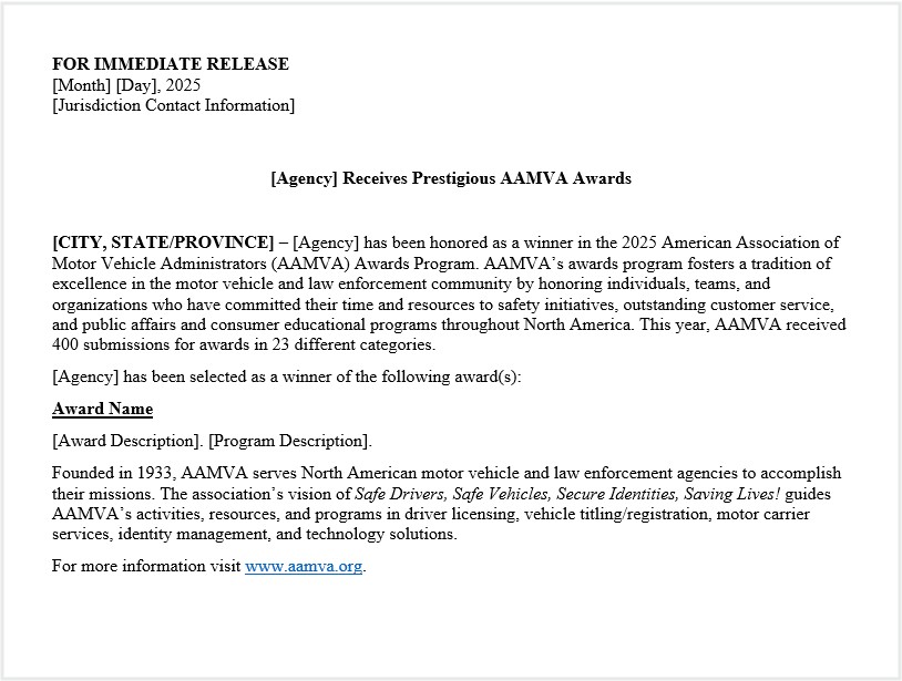 2025 AAMVA Awards Sample Press Release